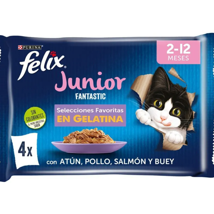 Felix Junior Fantastic Carne y Pescado en Gelatina sobre para gatos