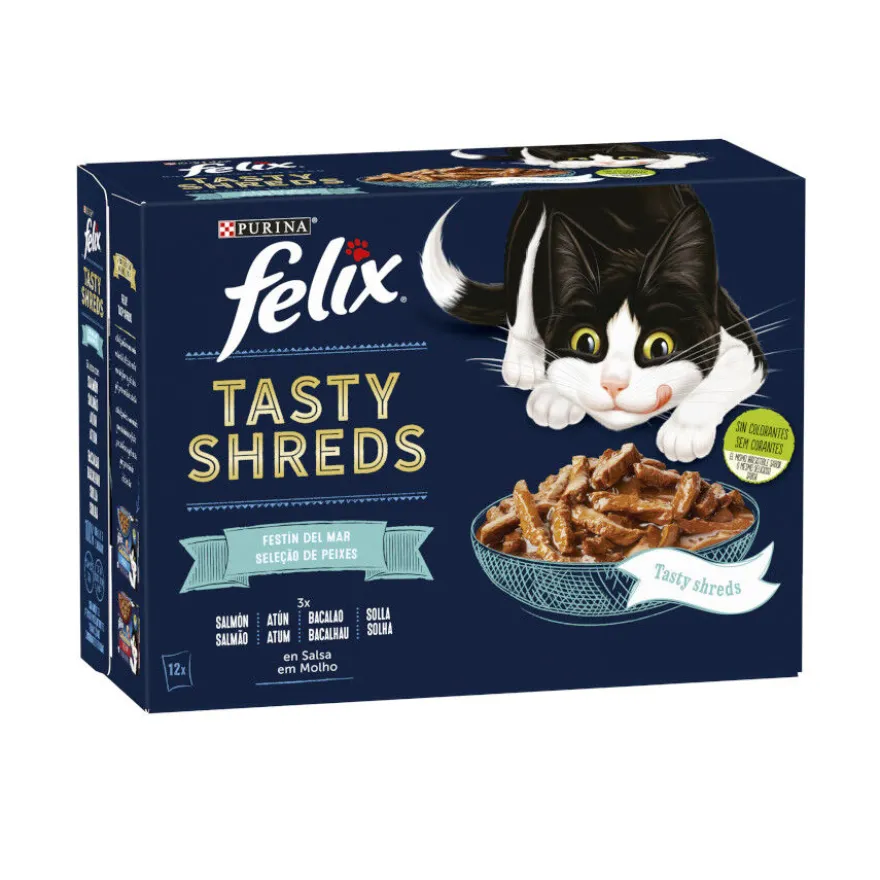 Felix Tasty Shreds Festín del Mar Filetes en Salsa sobre para gatos
