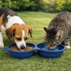 Gotoo Comedero Portátil Doble de Silicona Azul para perros y gatos