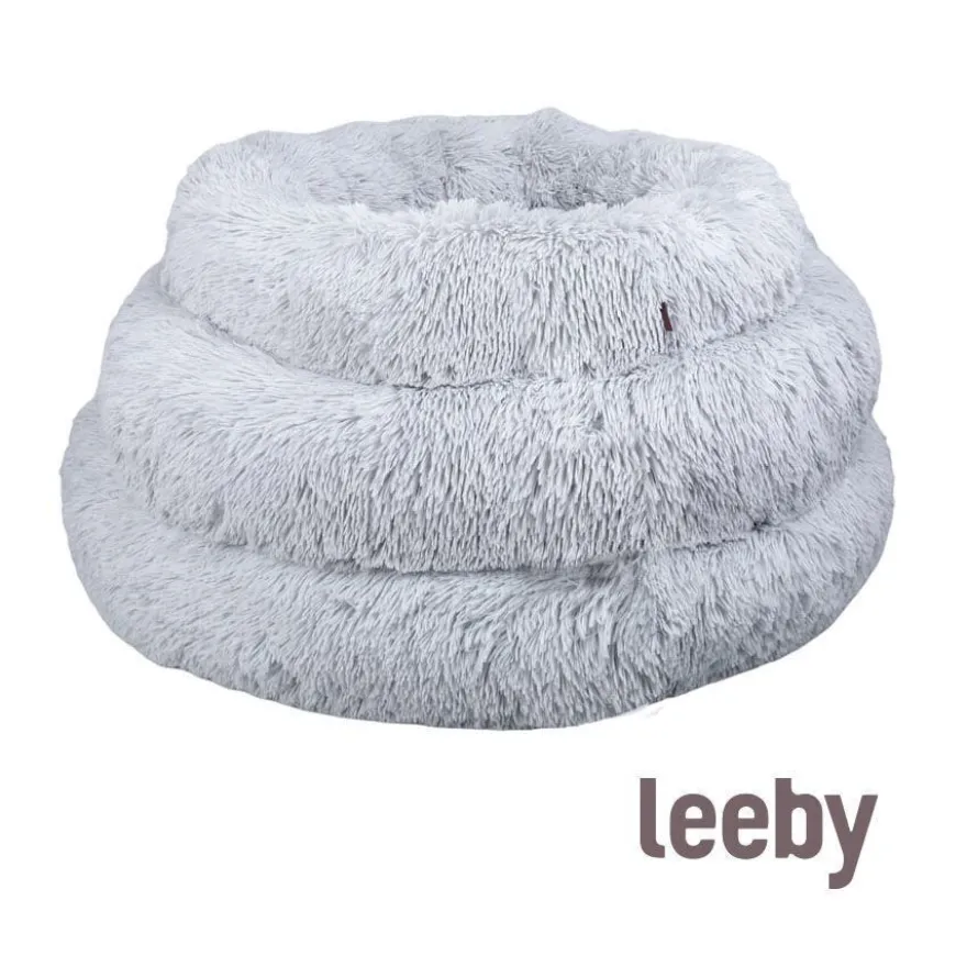 Leeby Cama Redonda Antiestrés de Pelo Gris para perros