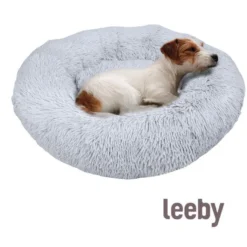 Leeby Cama Redonda Antiestrés de Pelo Gris para perros