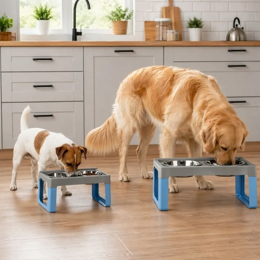 Leeby Comedero Doble de Acero Inoxidable Color Azul para perros
