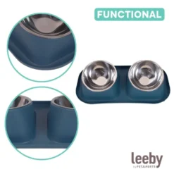 Leeby Comedero Doble de Metal Azul para perros