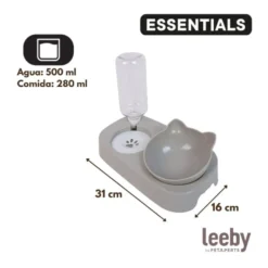 Leeby Comedero y Dispensador de Agua 2 en 1 Gris y Blanco para gatos