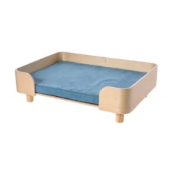 Leeby sofá de madera con colchón azul para perros