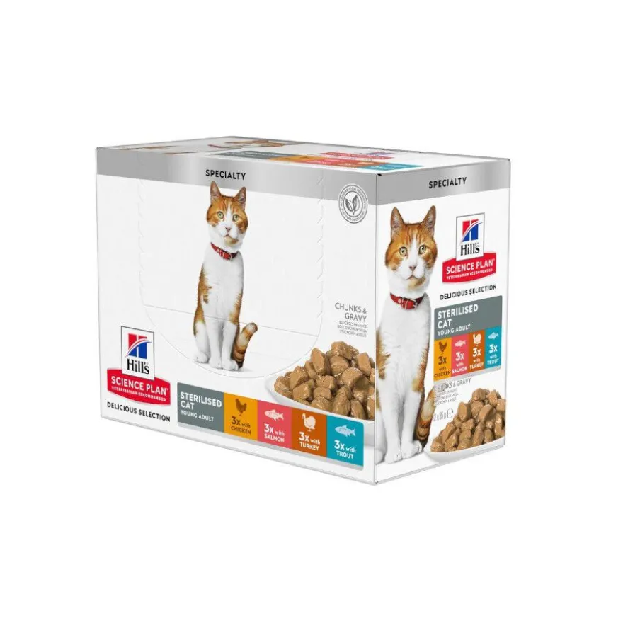 Pack Comedero Outech 150 ml + 24 x 85g sobres Hill's Science Plan Sterilised carne y pescado para gatos