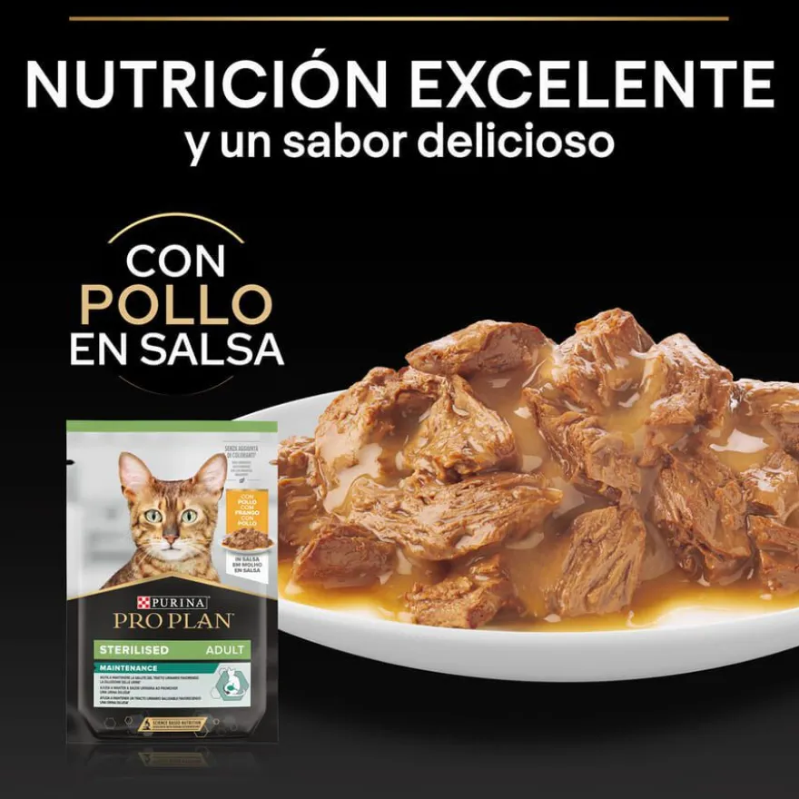 Pro Plan Sterilised Maintenance sobre con Pollo en salsa para gatos