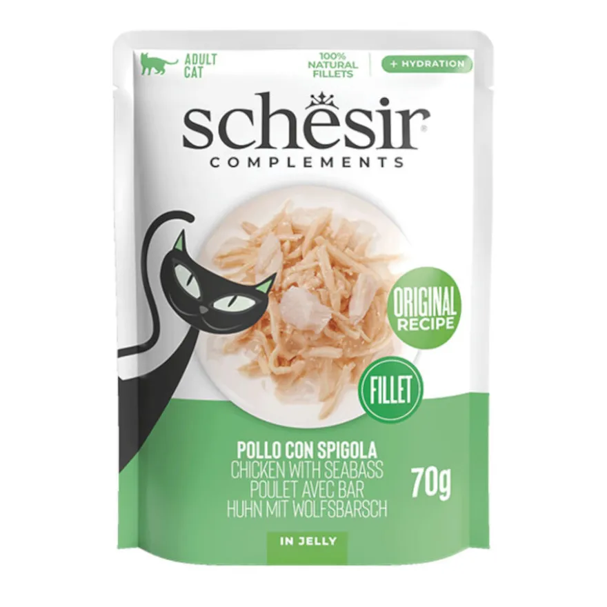 Schesir Filetes de Pollo con Lubina en Gelatina sobre para gatos