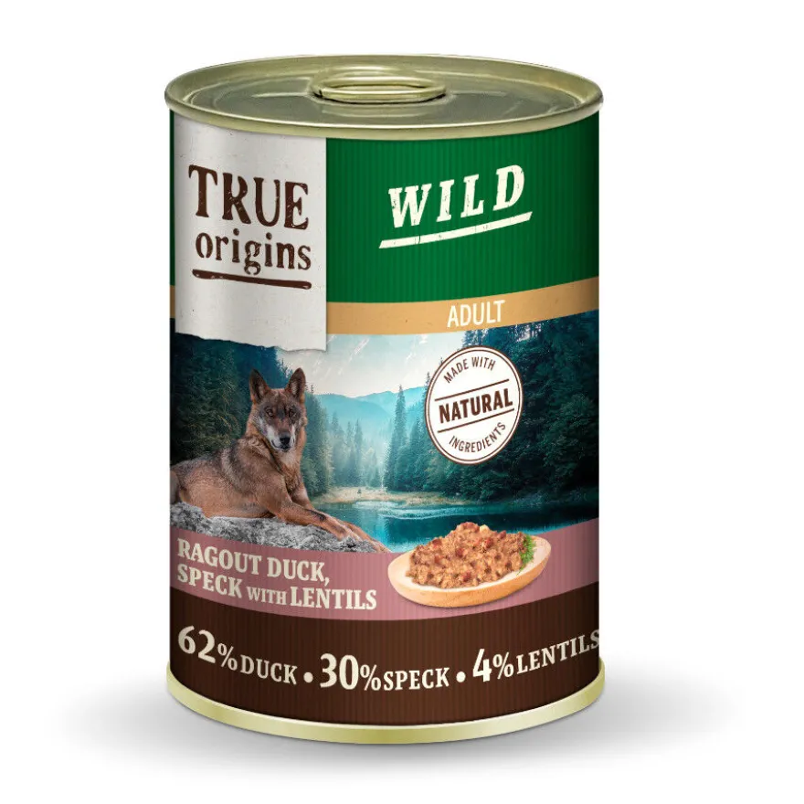 True Origins Wild Adult Dados de Pato con Speck y Lentejas lata para perros