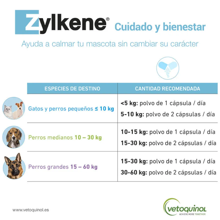 Vetoquinol Zylkene suplemento natural calmante en cápsulas para perros y gatos