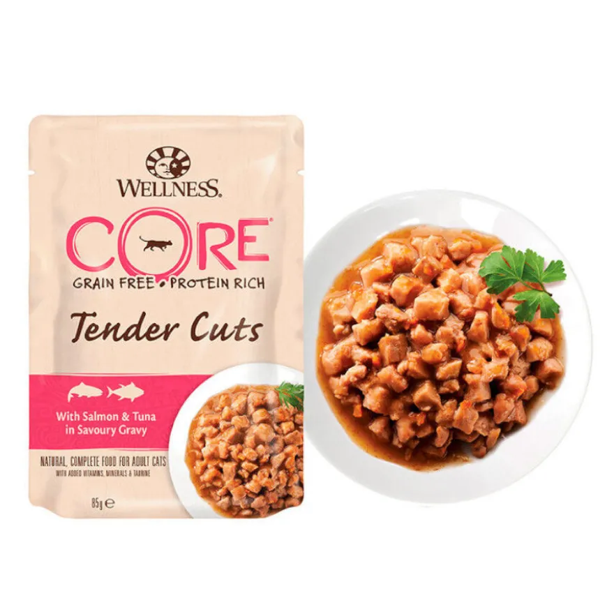 Wellness Core Tender Cuts salmón y atún sobre en salsa para gatos